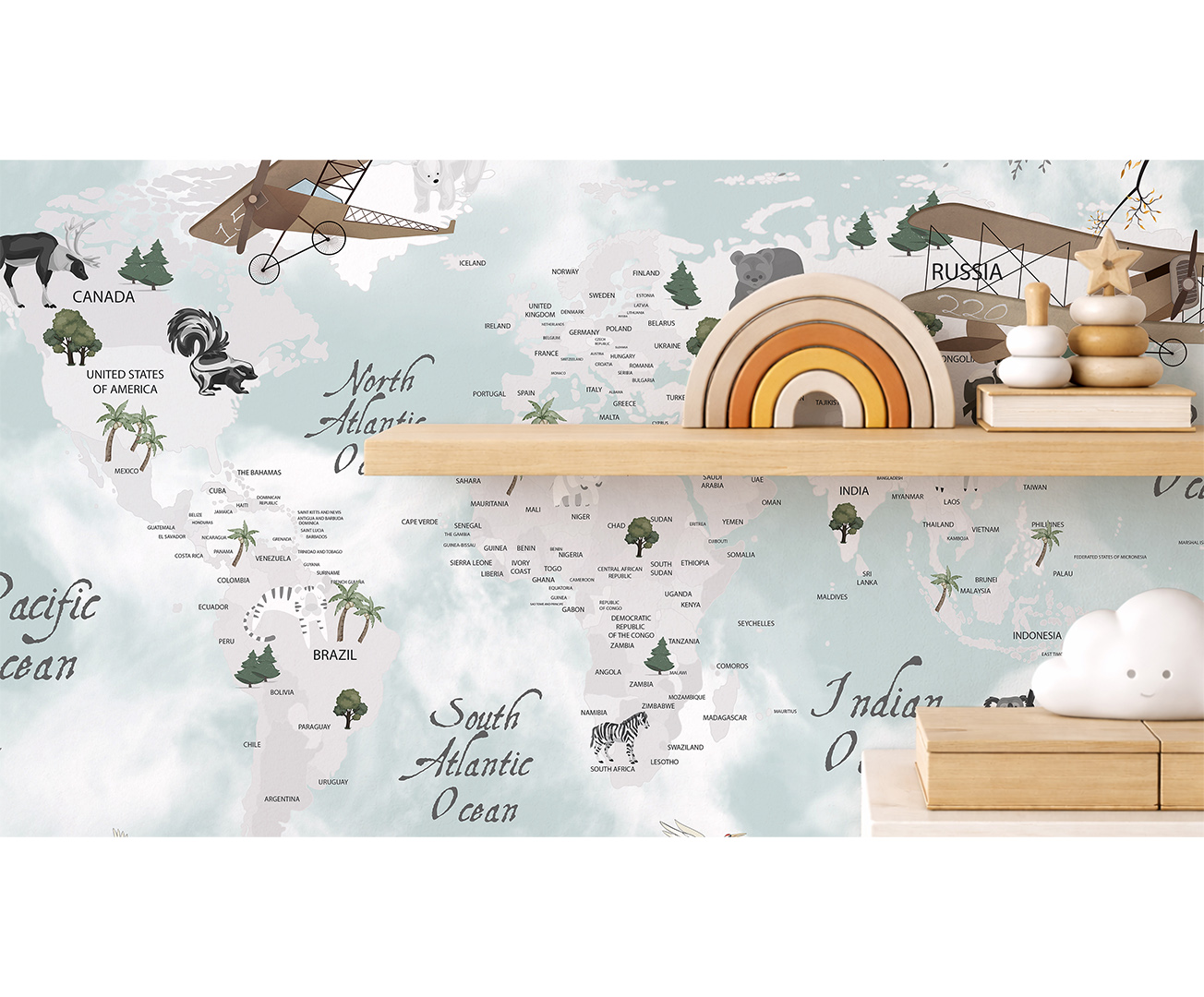 Vintage mapa světa s letadly – dobrodružná dětská tapeta