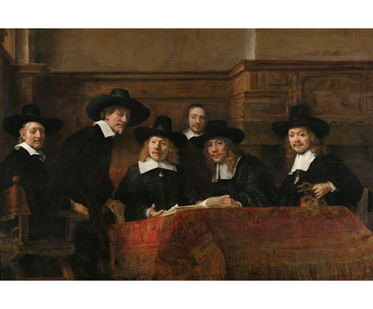 Rembrandt van Rijn - Predstavenstvo súkeníckeho cechu - Syndics of the Drapers' Guild (The Sampling officials) - reprodukcia